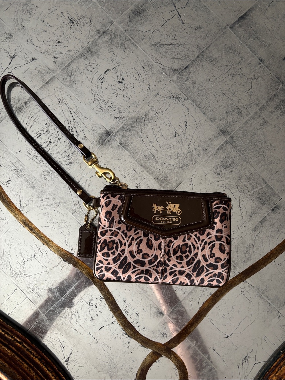 Coach Pink and Brown Signature Mini Wristlet